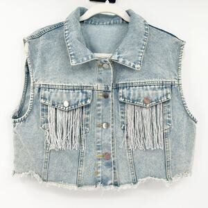 Womens Western Cowgirl Fringe Pocket Button Up Cropped Denim‎ Vest Jacket Large